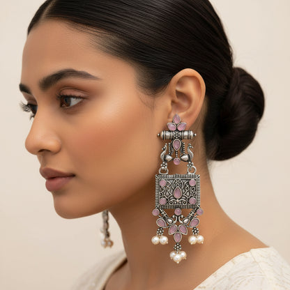 Peaflair pearls oxidised dangler earrings (Baby Pink)