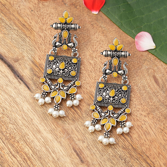 Peaflair pearls oxidised dangler earrings (Yellow)