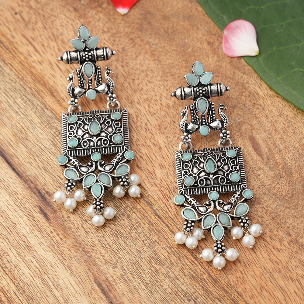 Peaflair pearls oxidised dangler earrings (Mint)