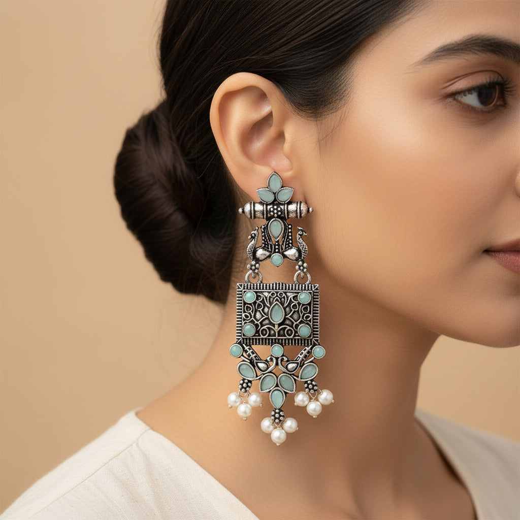 Peaflair pearls oxidised dangler earrings (Mint)