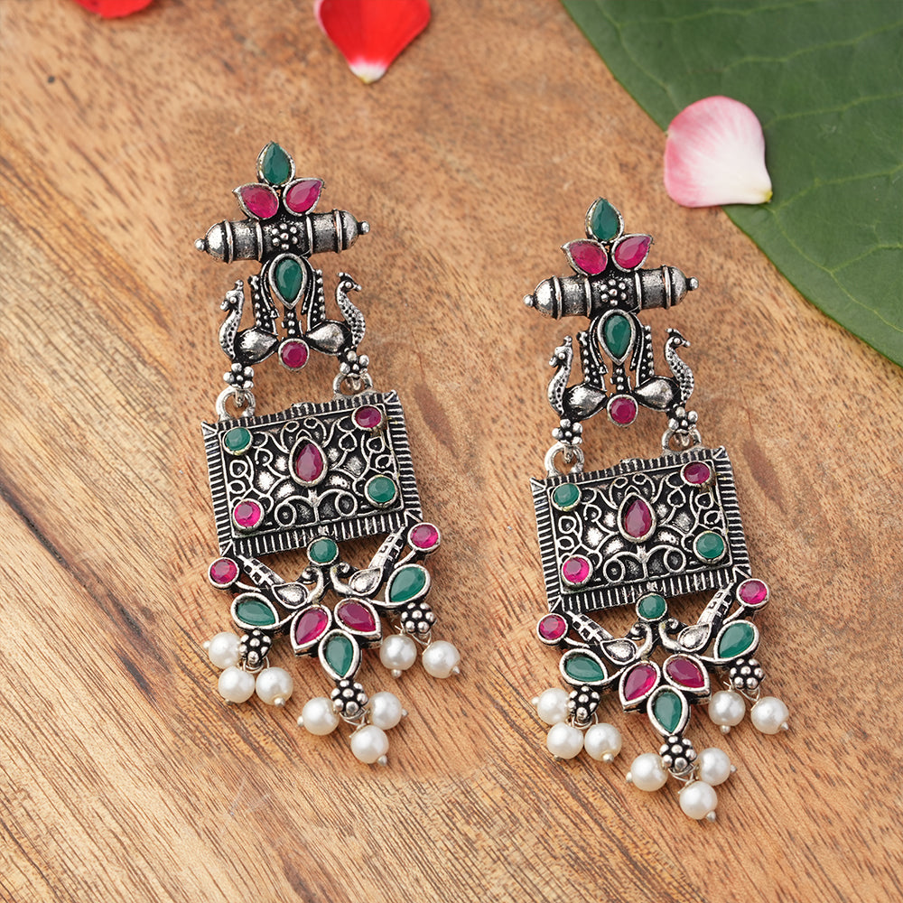 Peaflair pearls oxidised dangler earrings (Multicolored)