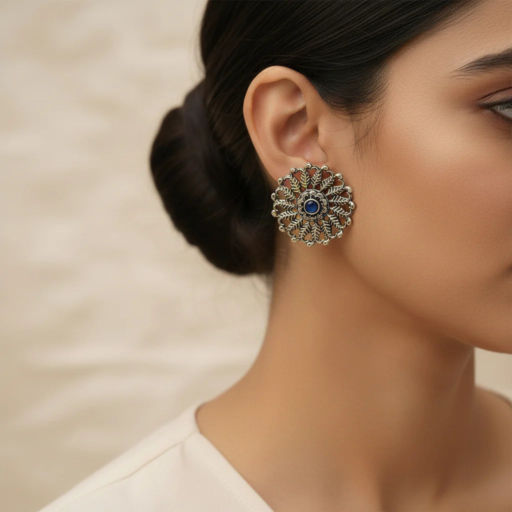 Peacock glow stone studded dangler & Wildflower oxidised stud Combo set