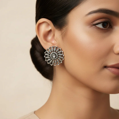 Peacock glow stone studded dangler & Wildflower oxidised stud Combo set
