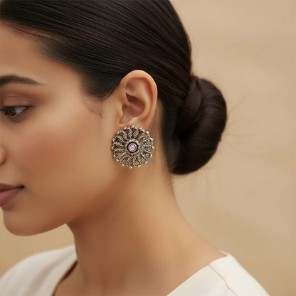 Peacock glow stone studded dangler & Wildflower oxidised stud Combo set