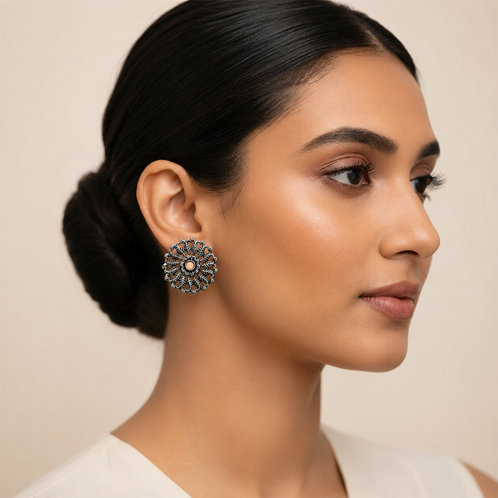 Peacock glow stone studded dangler & Wildflower oxidised stud Combo set