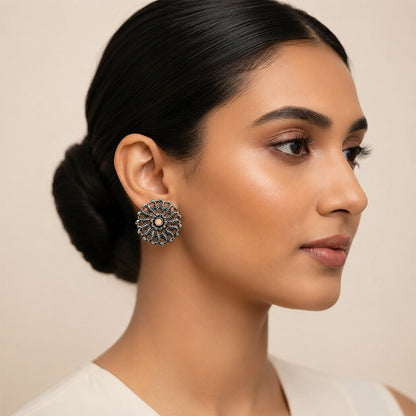 Peacock glow stone studded dangler & Wildflower oxidised stud Combo set