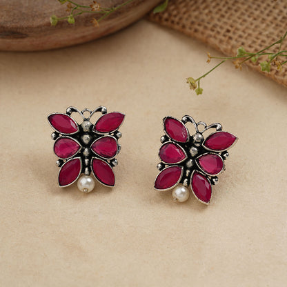 BeadedButterfly stone studded oxidised stud earrings (Red)
