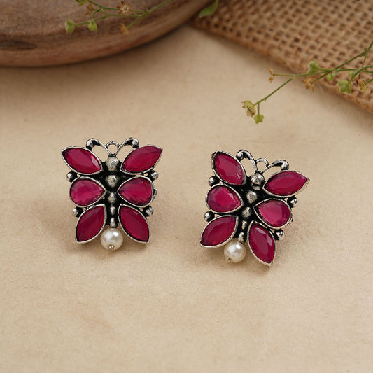 BeadedButterfly stone studded oxidised stud earrings (Red)