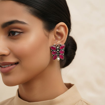BeadedButterfly stone studded oxidised stud earrings (Red)