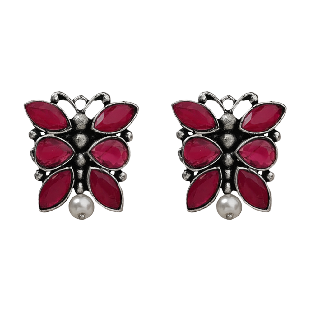 BeadedButterfly stone studded oxidised stud earrings (Red)