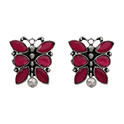 BeadedButterfly stone studded oxidised stud earrings (Red)