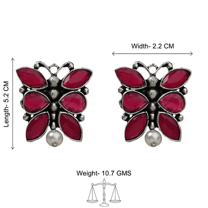 BeadedButterfly stone studded oxidised stud earrings (Red)
