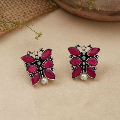 BeadedButterfly stone studded oxidised stud earrings (Red)