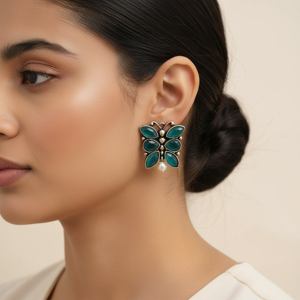 BeadedButterfly stone studded oxidised stud earrings (Green)