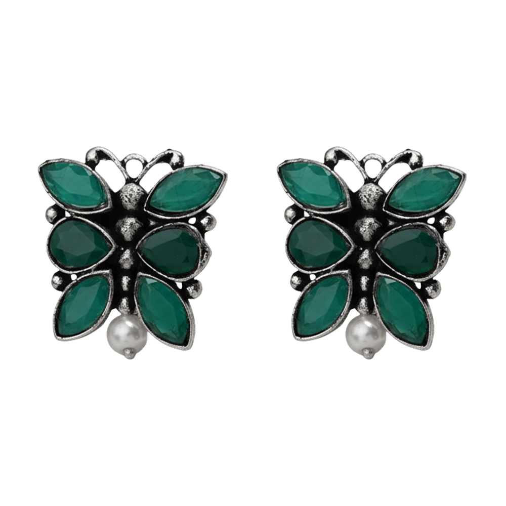 BeadedButterfly stone studded oxidised stud earrings (Green)