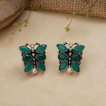 BeadedButterfly stone studded oxidised stud earrings (Green)