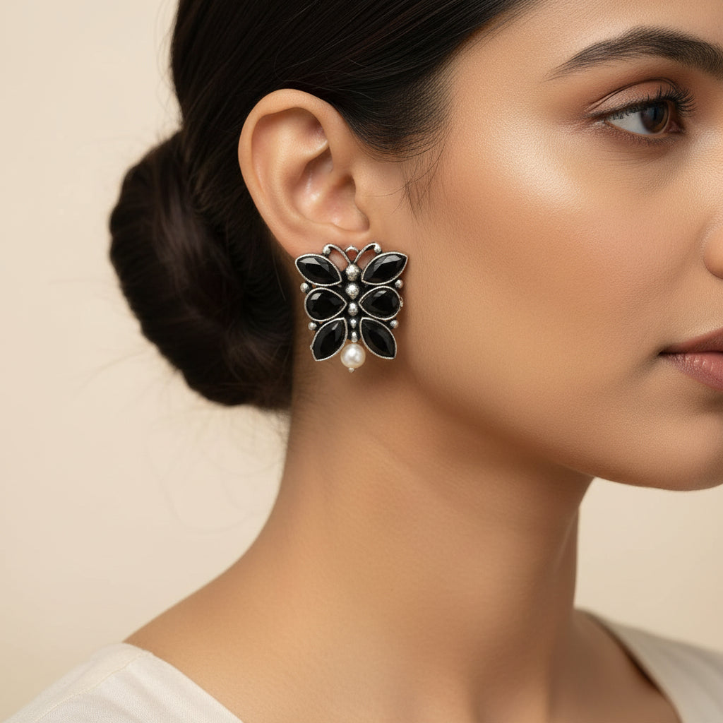 BeadedButterfly stone studded oxidised stud earrings (Black)