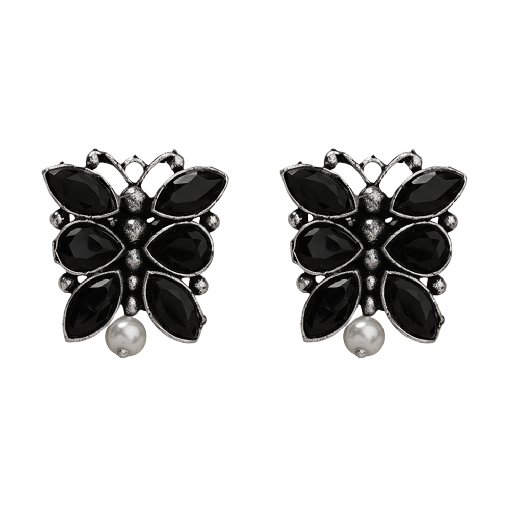 BeadedButterfly stone studded oxidised stud earrings (Black)