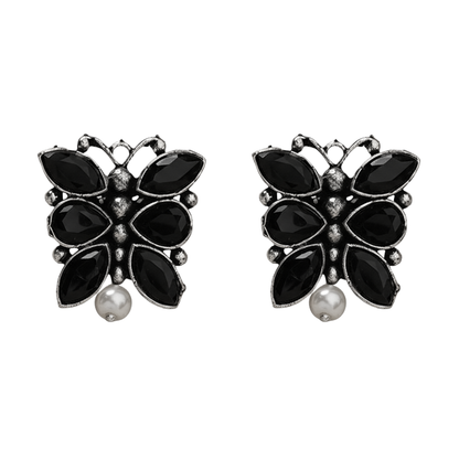 BeadedButterfly stone studded oxidised stud earrings (Black)