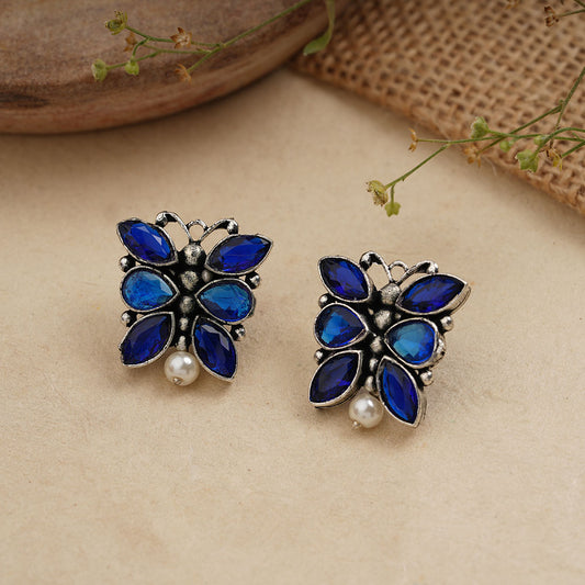 BeadedButterfly stone studded oxidised stud earrings (Blue)