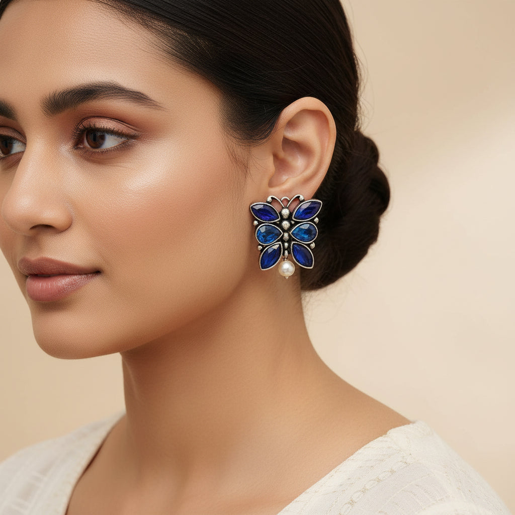 BeadedButterfly stone studded oxidised stud earrings (Blue)