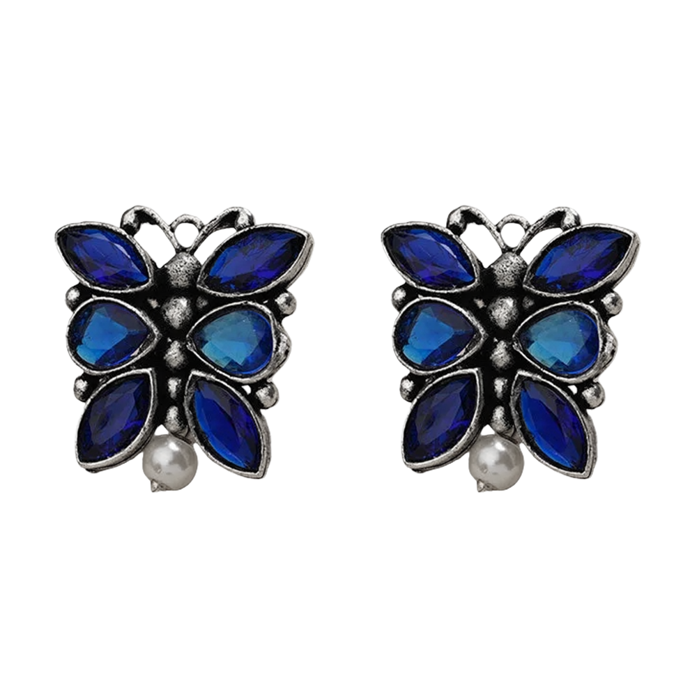 BeadedButterfly stone studded oxidised stud earrings (Blue)