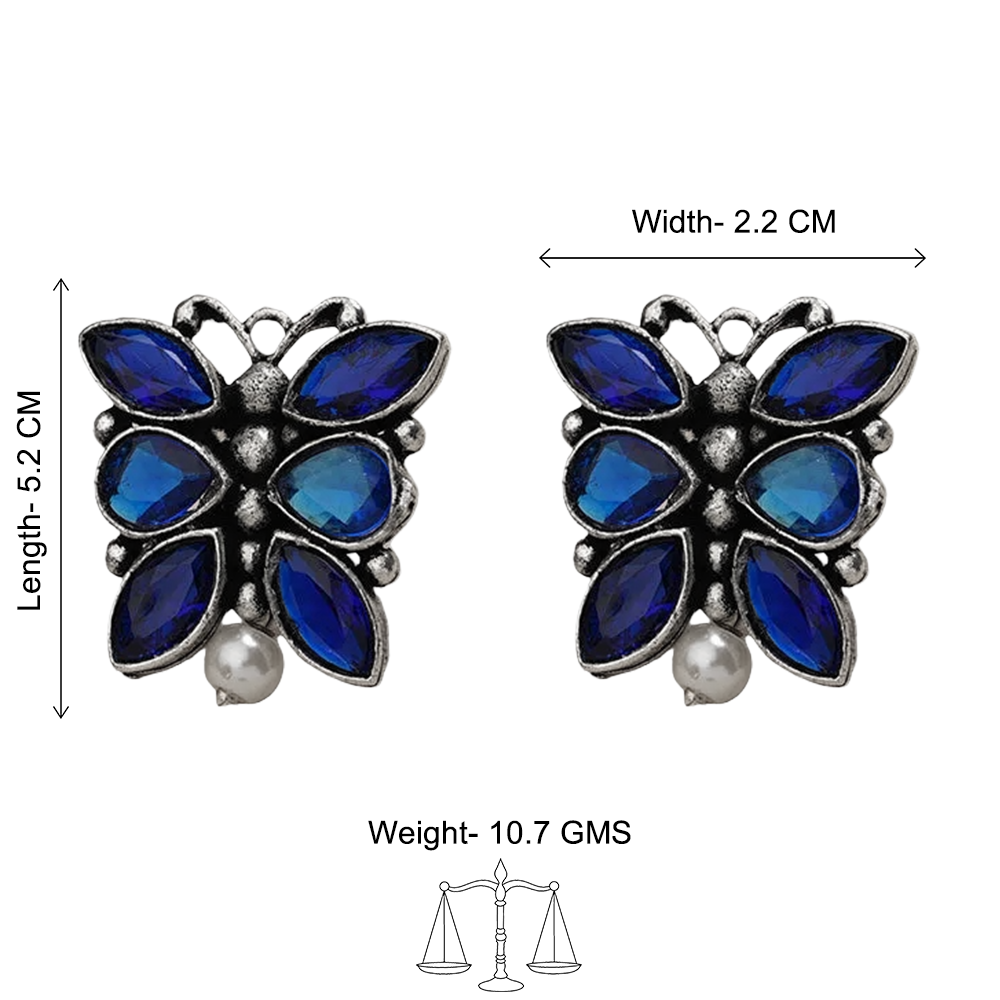 BeadedButterfly stone studded oxidised stud earrings (Blue)