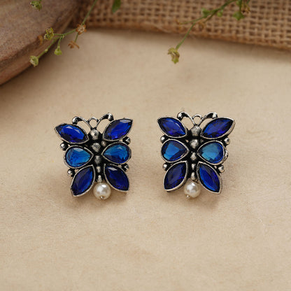 BeadedButterfly stone studded oxidised stud earrings (Blue)