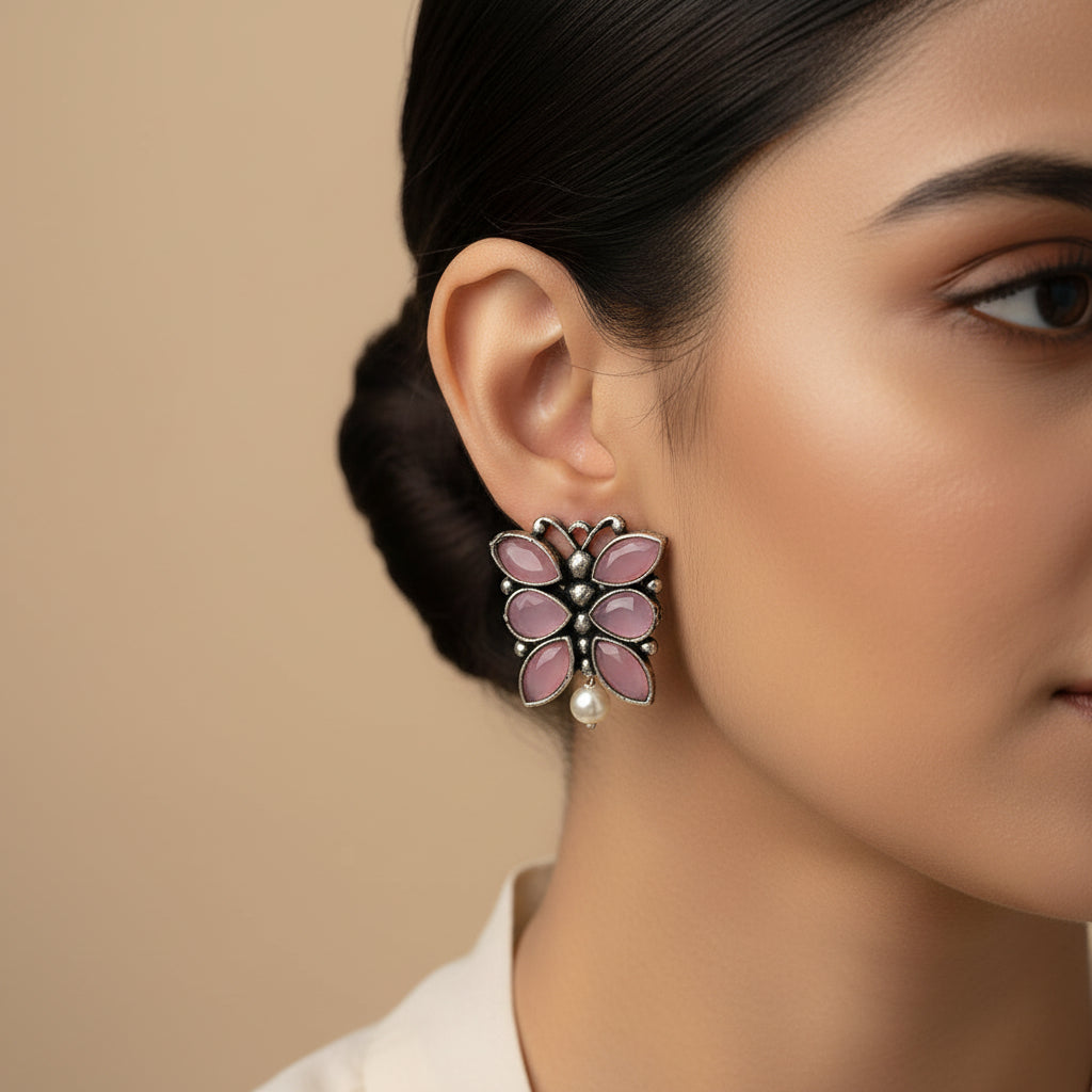 BeadedButterfly stone studded oxidised stud earrings (Baby Pink)
