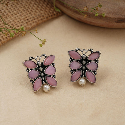 BeadedButterfly stone studded oxidised stud earrings (Baby Pink)