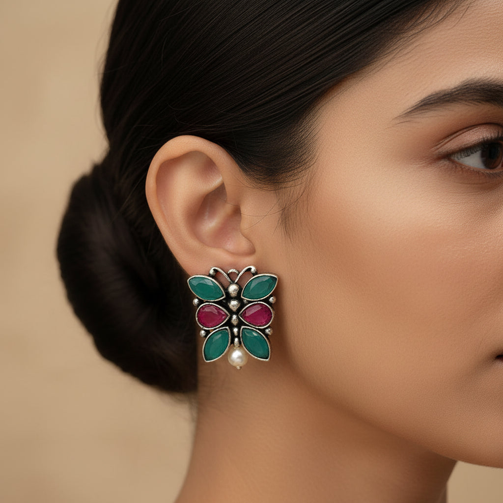 BeadedButterfly stone studded oxidised stud earrings (Multicoloured)