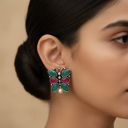 BeadedButterfly stone studded oxidised stud earrings (Multicoloured)