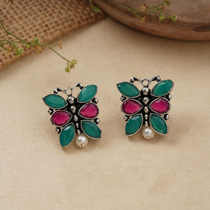 BeadedButterfly stone studded oxidised stud earrings (Multicoloured)