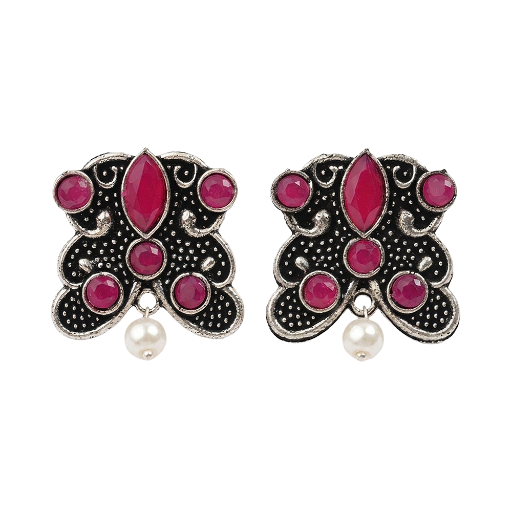 RadiantRays stone studded oxidised stud earrings (Red)