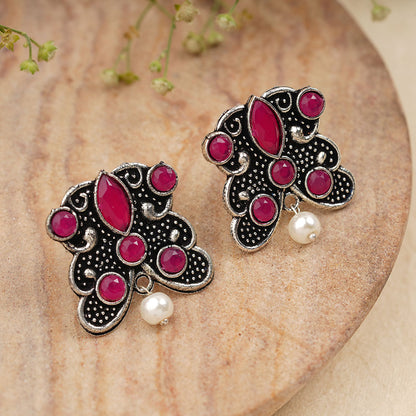 RadiantRays stone studded oxidised stud earrings (Red)