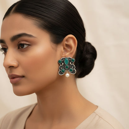 RadiantRays stone studded oxidised stud earrings (Green)