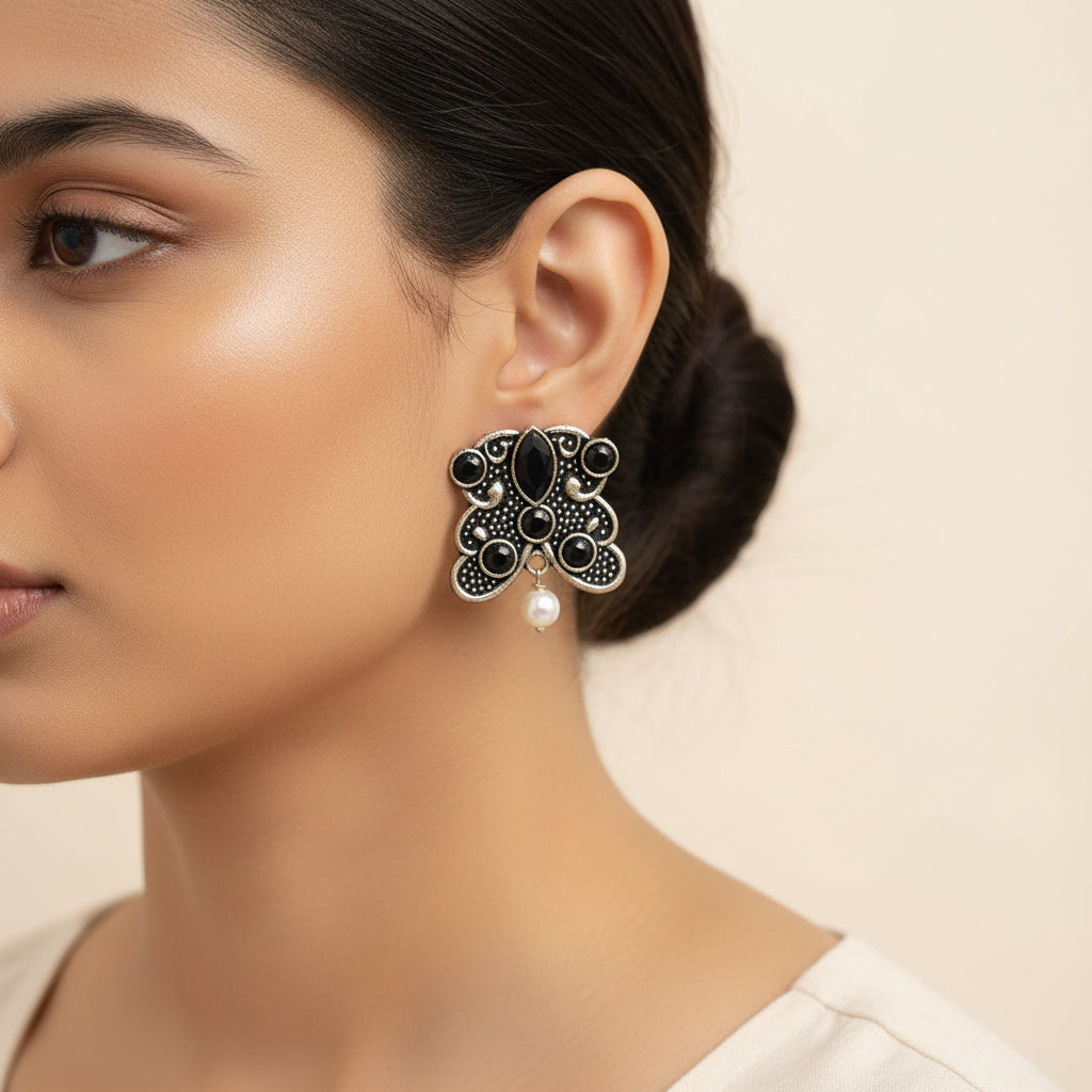 RadiantRays stone studded oxidised stud earrings (Black)