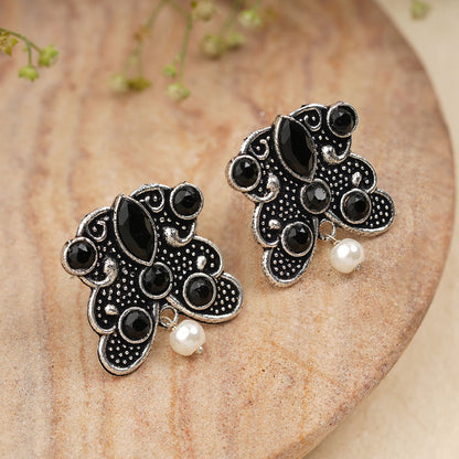 RadiantRays stone studded oxidised stud earrings (Black)