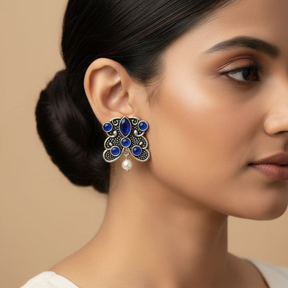 RadiantRays stone studded oxidised stud earrings  (Blue)