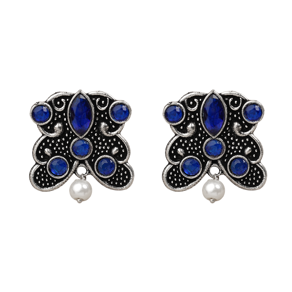 RadiantRays stone studded oxidised stud earrings  (Blue)