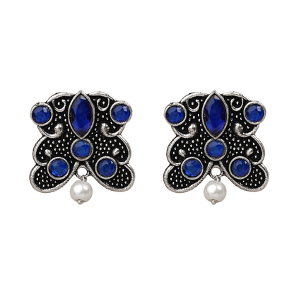 RadiantRays stone studded oxidised stud earrings  (Blue)