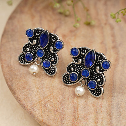 RadiantRays stone studded oxidised stud earrings  (Blue)