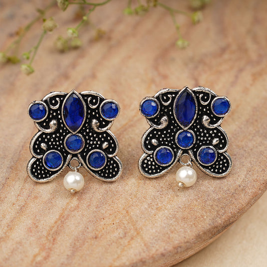 RadiantRays stone studded oxidised stud earrings  (Blue)