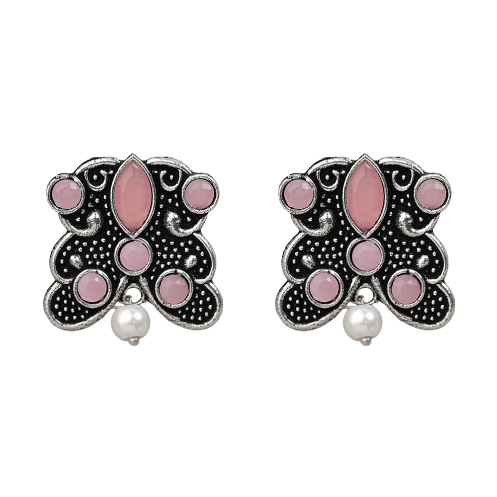 RadiantRays stone studded oxidised stud earrings  (Baby Pink)
