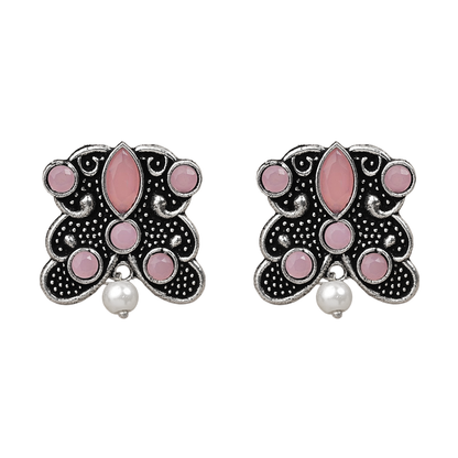 RadiantRays stone studded oxidised stud earrings  (Baby Pink)