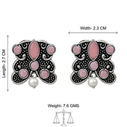 RadiantRays stone studded oxidised stud earrings  (Baby Pink)