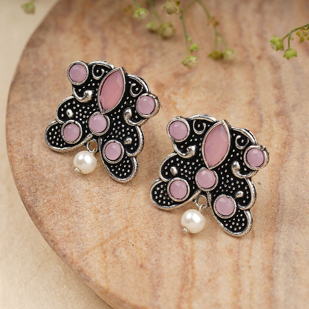 RadiantRays stone studded oxidised stud earrings  (Baby Pink)