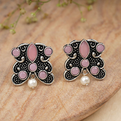 RadiantRays stone studded oxidised stud earrings  (Baby Pink)