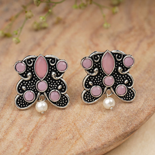 RadiantRays stone studded oxidised stud earrings  (Baby Pink)