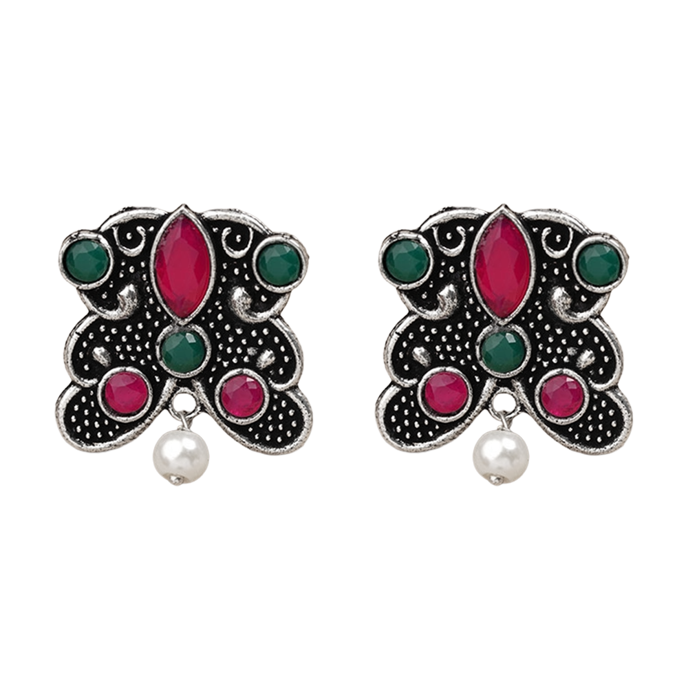 RadiantRays stone studded oxidised stud earrings  (Multicoloured)